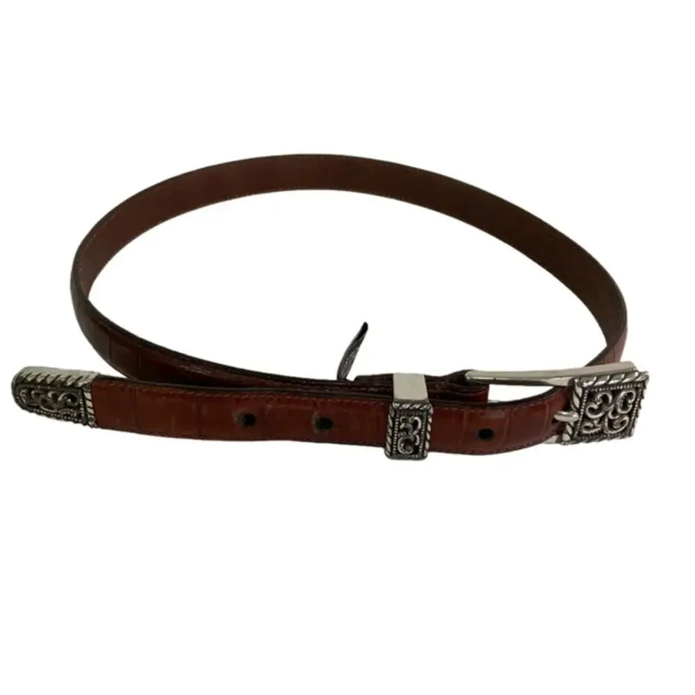 Brighton Leather Belt Womens Size Small‎ 28 Brown Embossed Silver Tone Hardware